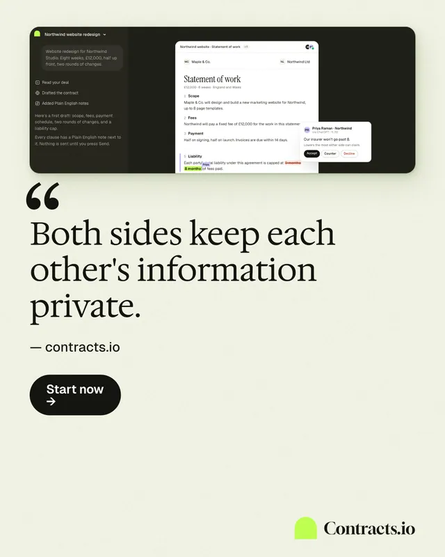 Instagram portrait post for contracts.io: "Both sides keep each other's information private." Data card style, quote layout, light palette in white, grey, green.