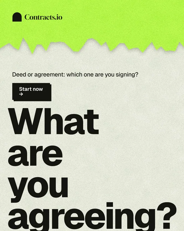 Instagram portrait post for contracts.io: "What are you agreeing?" Paper trio style, oversized layout, light palette in green, grey.
