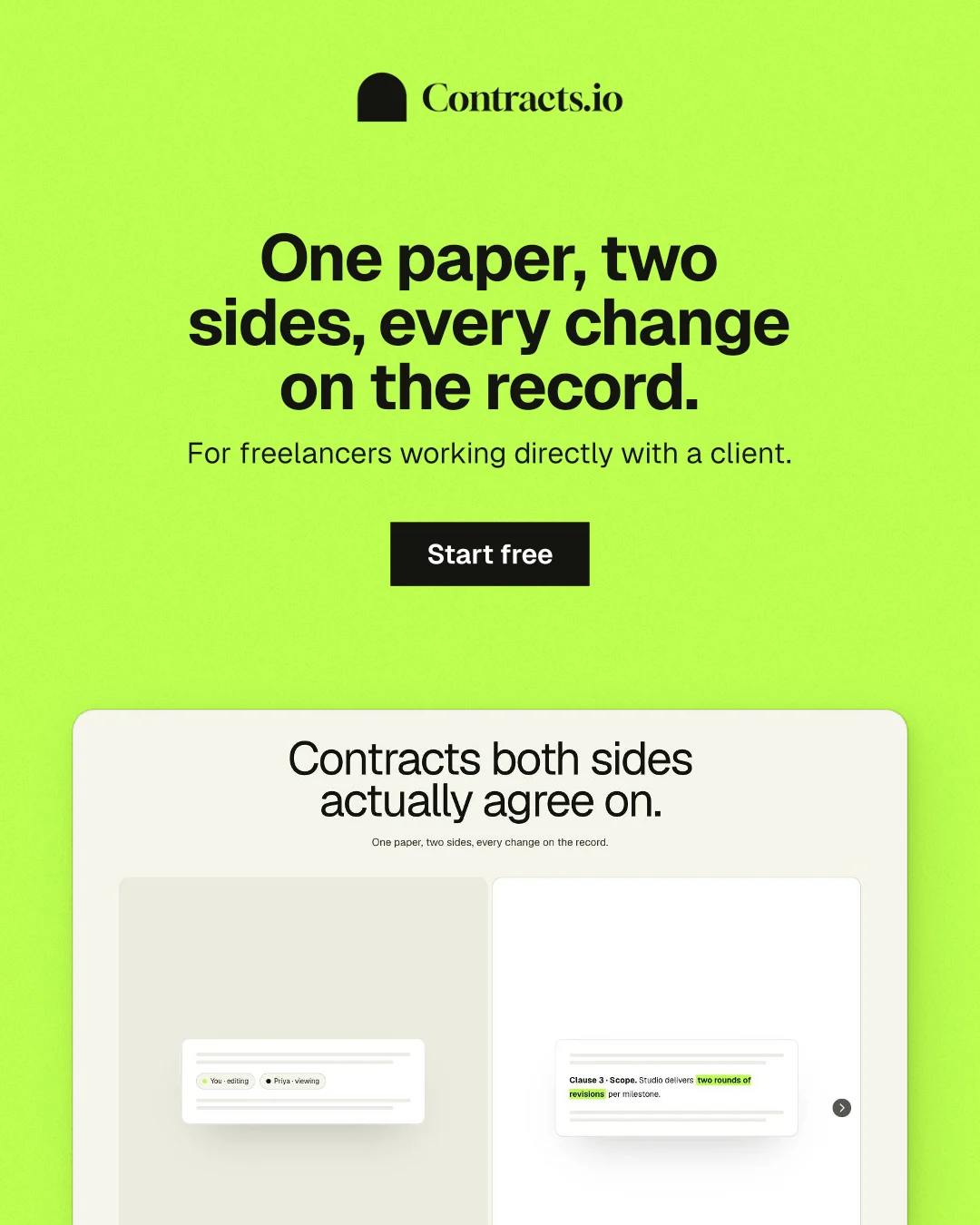 Instagram portrait post for contracts.io: "One paper, two sides, every change on the record." Swiss style, centred layout, light palette in green.