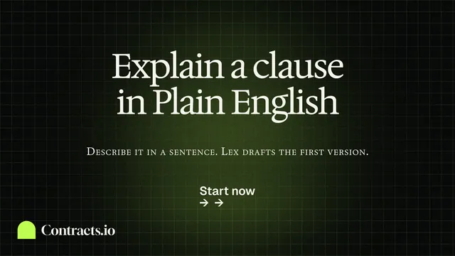 Landscape graphic for contracts.io: "Explain a clause in Plain English". Phosphor atlas style, smallcaps layout, dark palette in black, green.