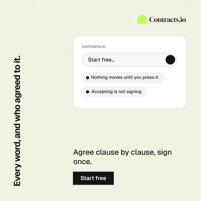 Instagram post for contracts.io: "Every word, and who agreed to it." Swiss style, vertical layout, light palette in white.