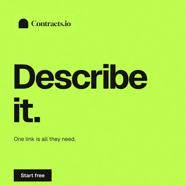 Instagram post for contracts.io: "Describe it." Swiss style, announce layout, light palette in green.