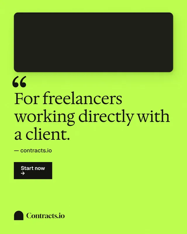 Instagram portrait post for contracts.io: "For freelancers working directly with a client." Swiss style, quote layout, light palette in green, black.