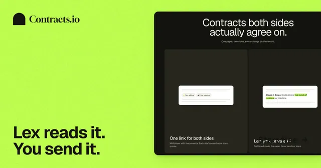 Social ad for contracts.io: "Lex reads it. You send it." Swiss style, image led layout, light palette in green, black.