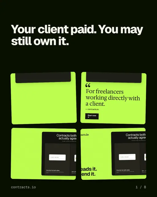 Carousel for contracts.io: "Your client paid. You may still own it.". Collection carousel, 8 slides, dark palette.