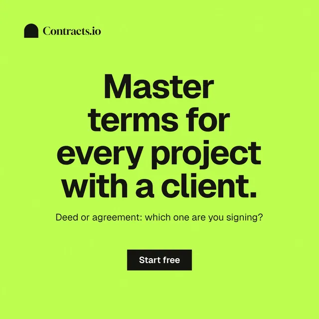 Instagram post for contracts.io: "Master terms for every project with a client." Swiss style, centred layout, light palette in green.