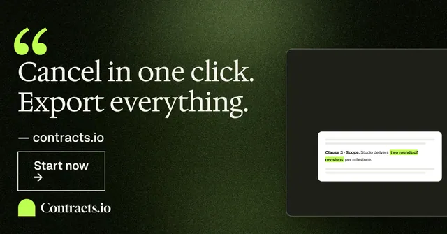 Social ad for contracts.io: "Cancel in one click. Export everything." Dark deco style, quote layout, dark palette in black, green, grey.