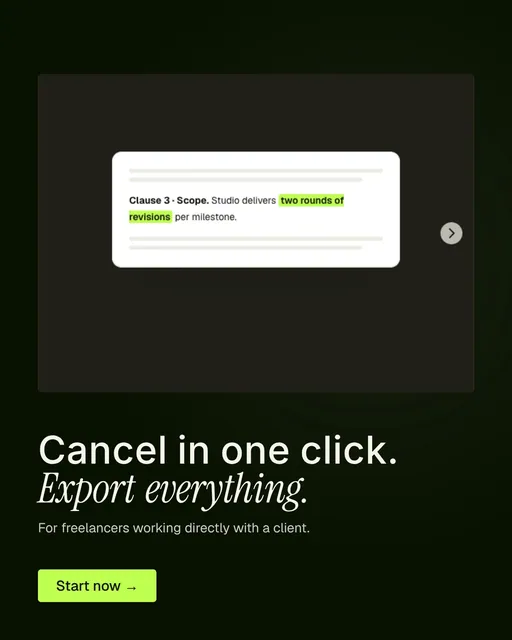 Video for contracts.io: "Cancel in one click. Export everything.". Doc motion loop, 6.0 s, dark palette.