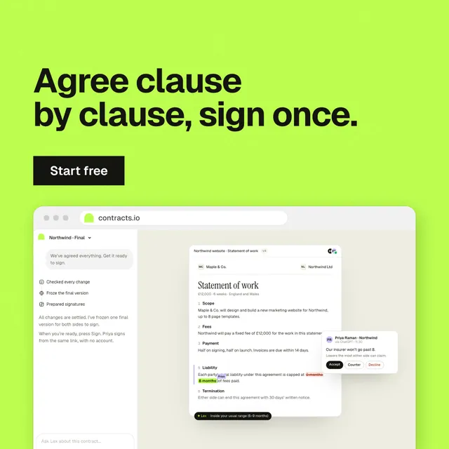 Instagram post for contracts.io: "Agree clause by clause, sign once." Swiss style, browser layout, light palette in green.