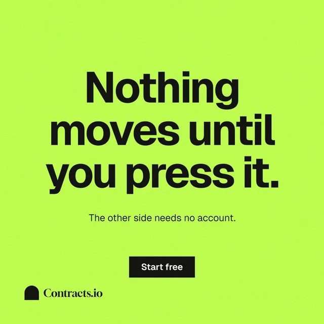 Instagram post for contracts.io: "Nothing moves until you press it." Swiss style, centred layout, light palette in green.