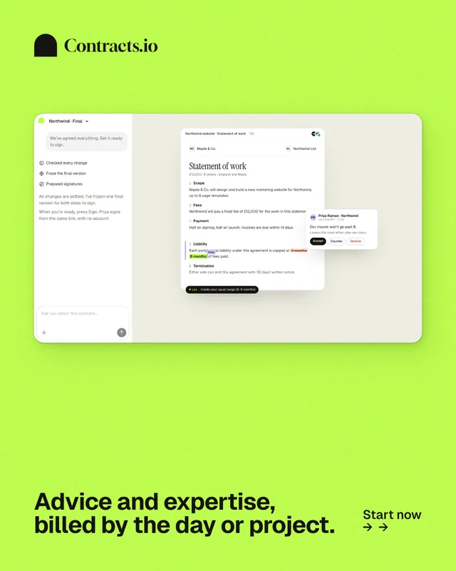 Instagram portrait post for contracts.io: "Advice and expertise, billed by the day or project." Swiss style, image led layout, light palette in green.