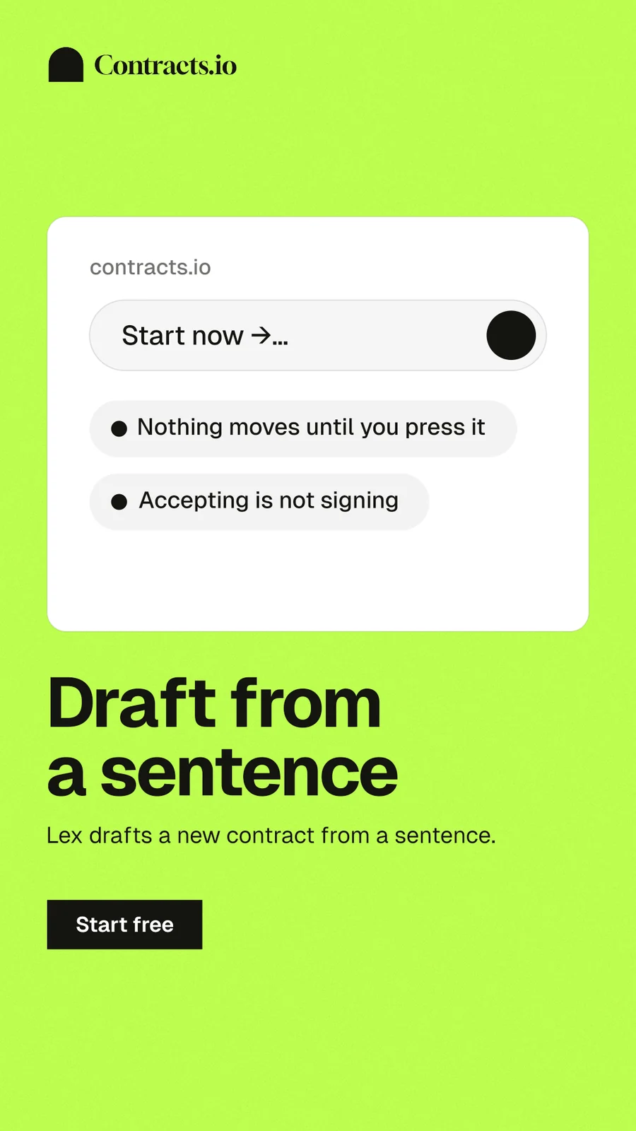 Instagram story for contracts.io: "Draft from a sentence". Swiss style, bottom layout, light palette in green, white.