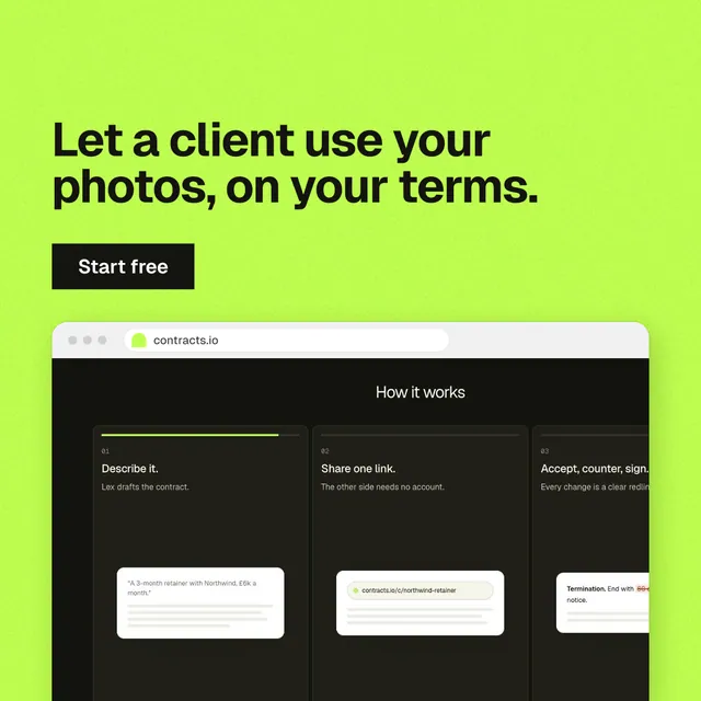 Instagram post for contracts.io: "Let a client use your photos, on your terms." Swiss style, browser layout, light palette in green, black.
