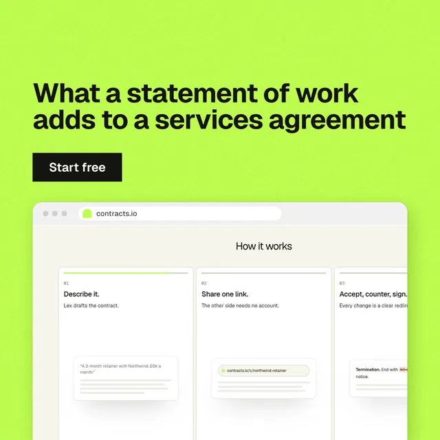 Instagram post for contracts.io: "What a statement of work adds to a services agreement". Swiss style, browser layout, light palette in white, green.