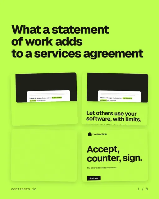 Carousel for contracts.io: "What a statement of work adds to a services agreement". Collection carousel, 8 slides, light palette.