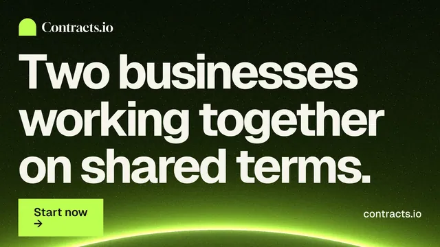Landscape graphic for contracts.io: "Two businesses working together on shared terms." Swiss style, poster layout, dark palette in green, black.