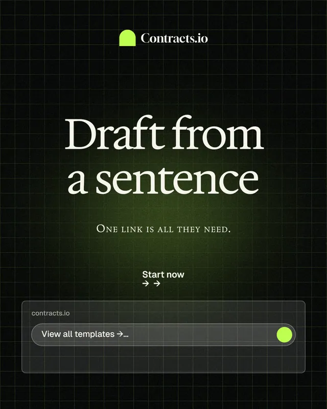 Instagram portrait post for contracts.io: "Draft from a sentence". Phosphor atlas style, smallcaps layout, dark palette in black, grey.