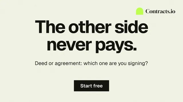 Landscape graphic for contracts.io: "The other side never pays." Swiss style, centred layout, light palette in white, yellow, grey.