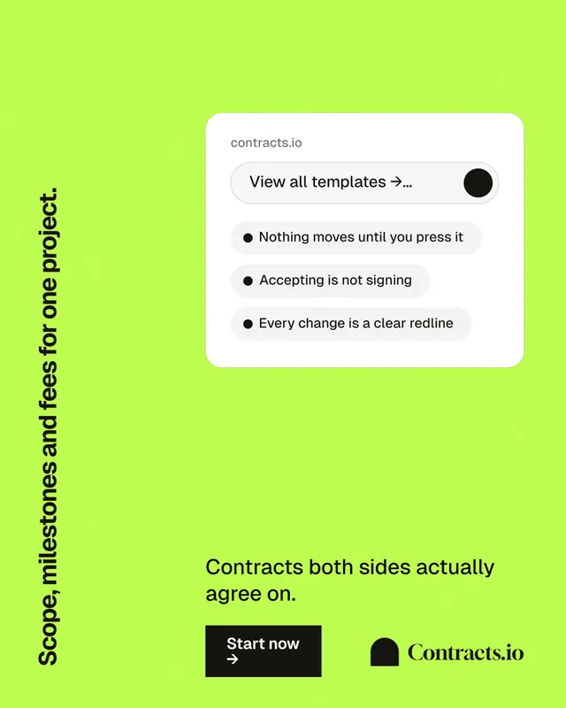 Instagram portrait post for contracts.io: "Scope, milestones and fees for one project." Swiss style, vertical layout, light palette in green, white.