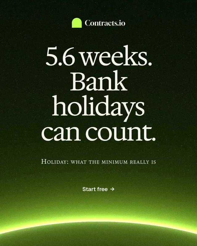 Instagram portrait post for contracts.io: "5.6 weeks. Bank holidays can count." Swiss style, smallcaps layout, dark palette in green, black.