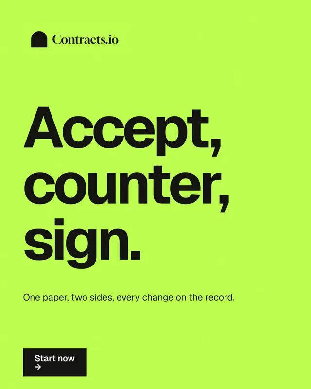 Instagram portrait post for contracts.io: "Accept, counter, sign." Swiss style, announce layout, light palette in green.