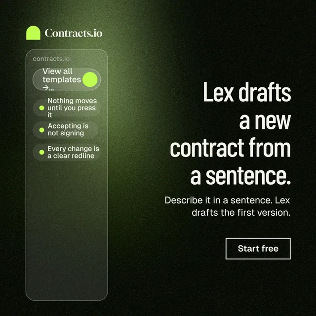 Instagram post for contracts.io: "Lex drafts a new contract from a sentence." Dark deco style, right layout, dark palette in green, black, grey.