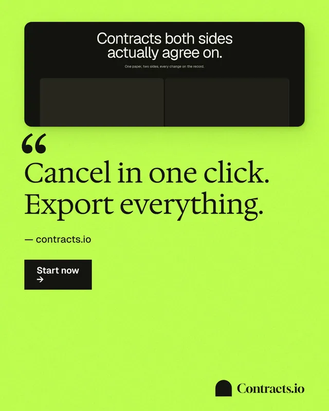 Instagram portrait post for contracts.io: "Cancel in one click. Export everything." Swiss style, quote layout, light palette in green, black.