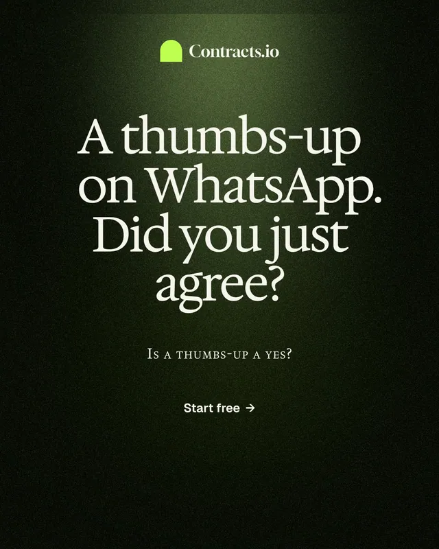 Instagram portrait post for contracts.io: "A thumbs-up on WhatsApp. Did you just agree?" Dark deco style, smallcaps layout, dark palette in black, grey.