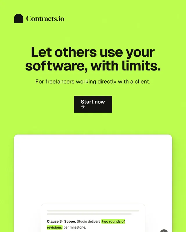 Instagram portrait post for contracts.io: "Let others use your software, with limits." Swiss style, centred layout, light palette in green, white.