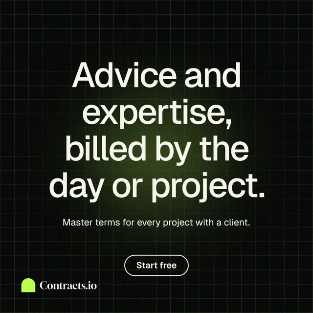 Instagram post for contracts.io: "Advice and expertise, billed by the day or project." Phosphor atlas style, centred layout, dark palette in black, green, grey.