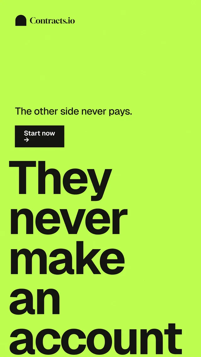 Instagram story for contracts.io: "They never make an account." Swiss style, oversized layout, light palette in green.