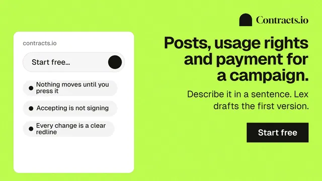 Landscape graphic for contracts.io: "Posts, usage rights and payment for a campaign." Swiss style, right layout, light palette in green.