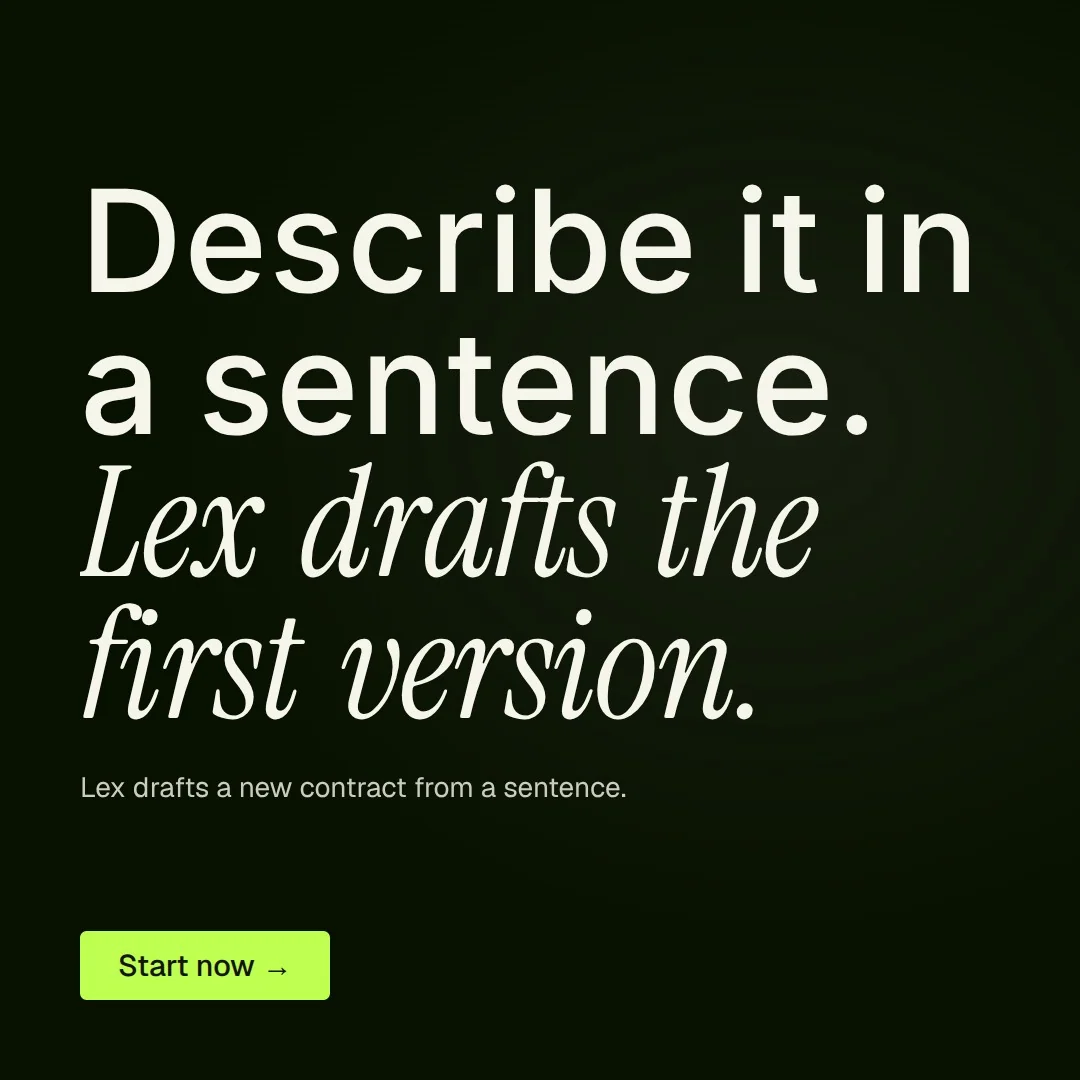 Video for contracts.io: "Describe it in a sentence. Lex drafts the first version.". Doc motion loop, 8.0 s, dark palette.