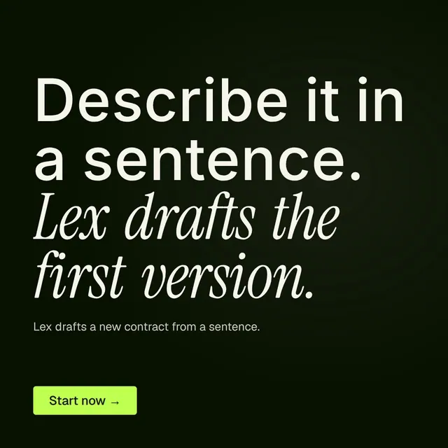 Video for contracts.io: "Describe it in a sentence. Lex drafts the first version.". Doc motion loop, 8.0 s, dark palette.