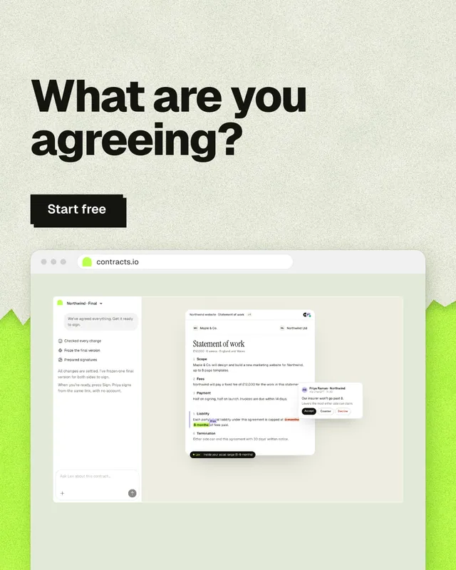 Instagram portrait post for contracts.io: "What are you agreeing?" Paper trio style, browser layout, light palette in green, yellow, grey.