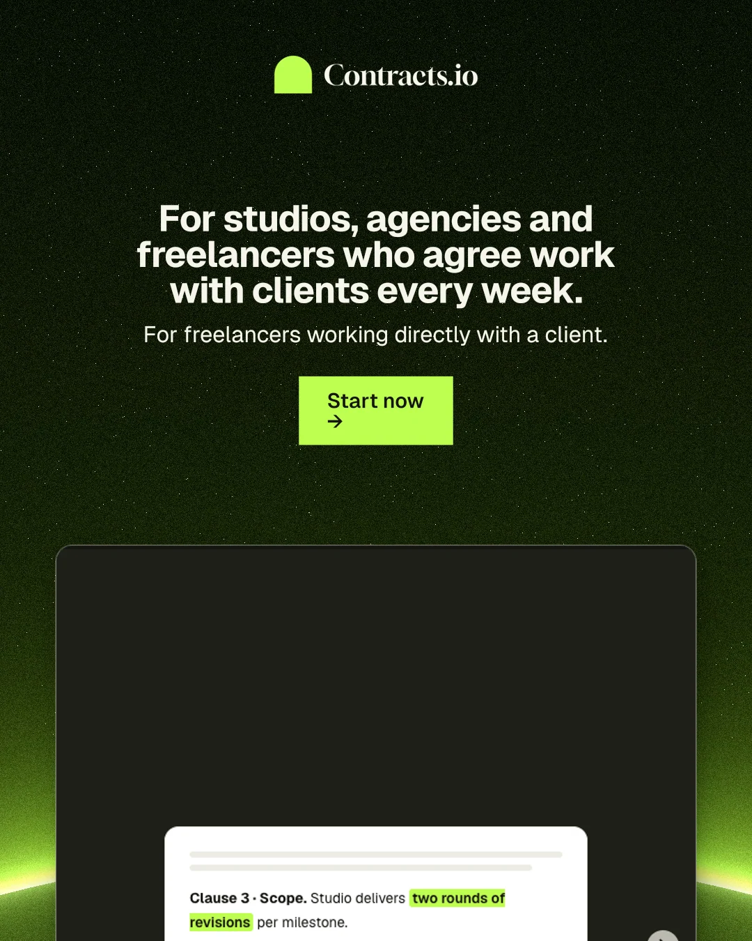 Instagram portrait post for contracts.io: "For studios, agencies and freelancers who agree work with clients every week." Swiss style, centred layout, dark palette in black, green.