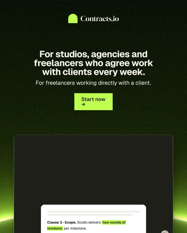 Instagram portrait post for contracts.io: "For studios, agencies and freelancers who agree work with clients every week." Swiss style, centred layout, dark palette in black, green.