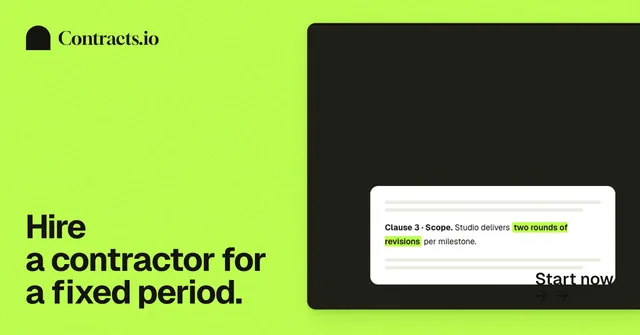 Social ad for contracts.io: "Hire a contractor for a fixed period." Swiss style, image led layout, light palette in green, black.