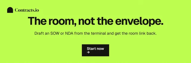 X header for contracts.io: "The room, not the envelope." Swiss style, centred layout, light palette in green.