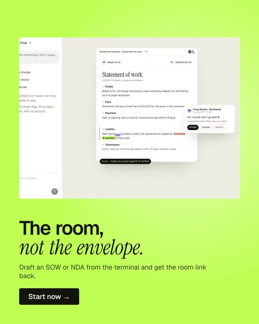 Video for contracts.io: "The room, not the envelope.". Doc motion loop, 6.0 s, light palette.