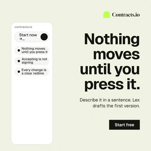 Instagram post for contracts.io: "Nothing moves until you press it." Swiss style, right layout, light palette in white, grey.