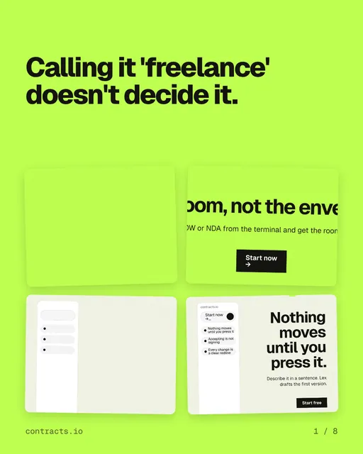 Carousel for contracts.io: "Calling it 'freelance' doesn't decide it.". Collection carousel, 8 slides, light palette.