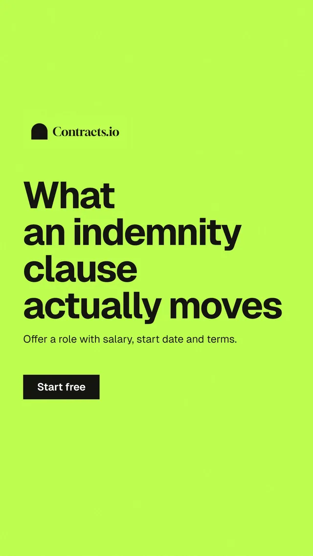 Instagram story for contracts.io: "What an indemnity clause actually moves". Swiss style, announce layout, light palette in green.