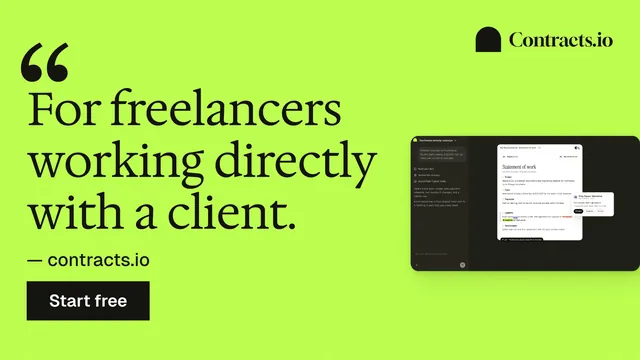 Landscape graphic for contracts.io: "For freelancers working directly with a client." Swiss style, quote layout, light palette in green.