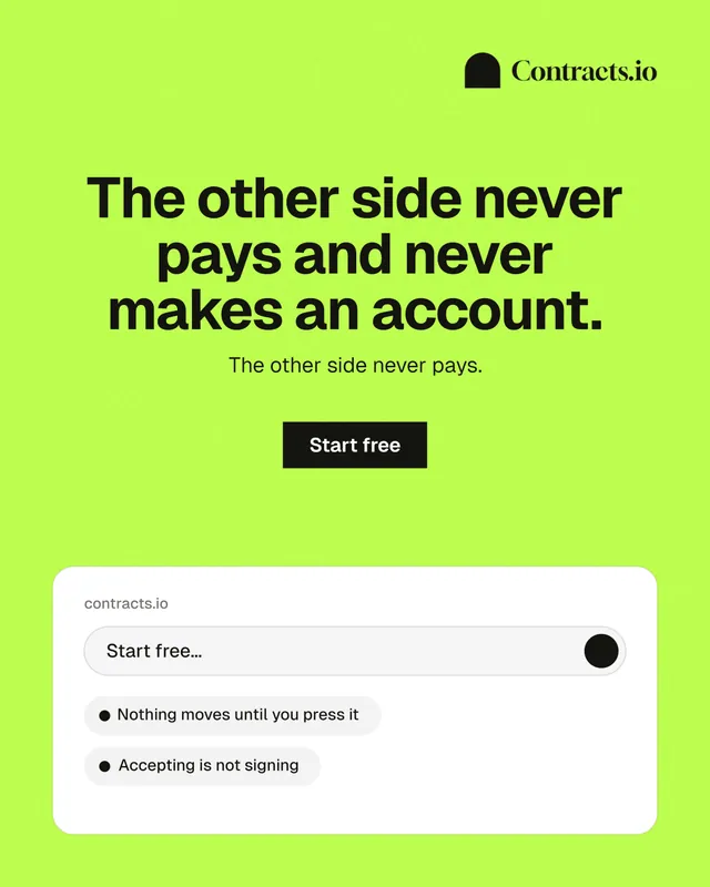 Instagram portrait post for contracts.io: "The other side never pays and never makes an account." Swiss style, centred layout, light palette in green, white.