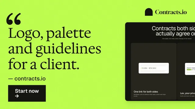 Landscape graphic for contracts.io: "Logo, palette and guidelines for a client." Swiss style, quote layout, light palette in green, black.
