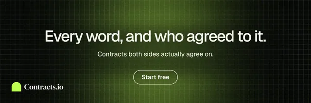 X header for contracts.io: "Every word, and who agreed to it." Phosphor atlas style, centred layout, dark palette in green, black.