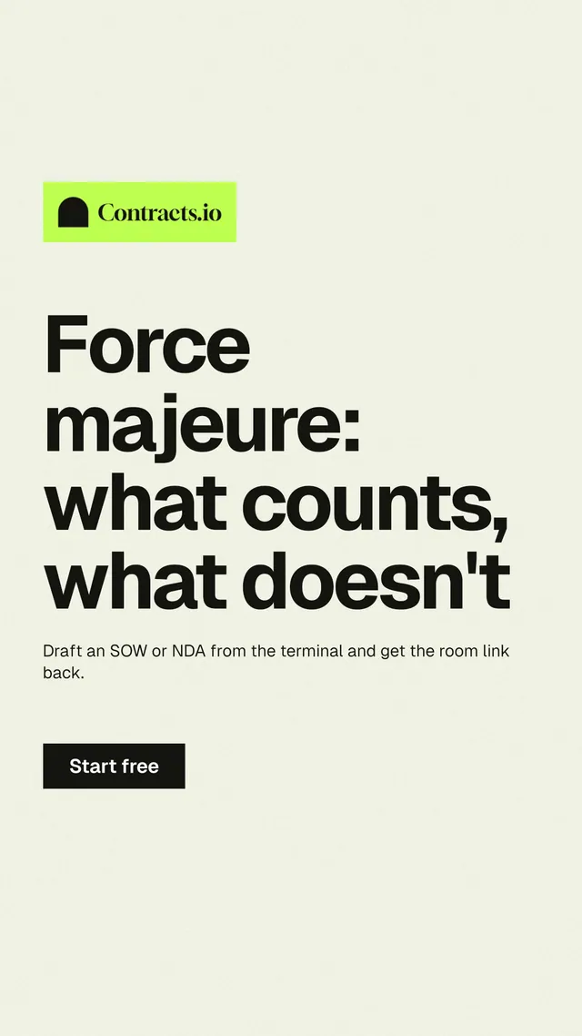 Instagram story for contracts.io: "Force majeure: what counts, what doesn't". Swiss style, announce layout, light palette in white, yellow, grey.