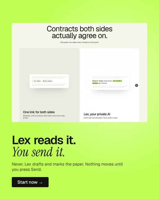 Video for contracts.io: "Lex reads it. You send it.". Doc motion loop, 8.0 s, light palette.