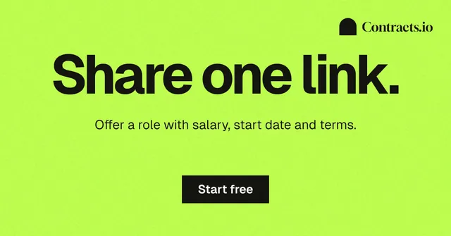 Social ad for contracts.io: "Share one link." Swiss style, centred layout, light palette in green.